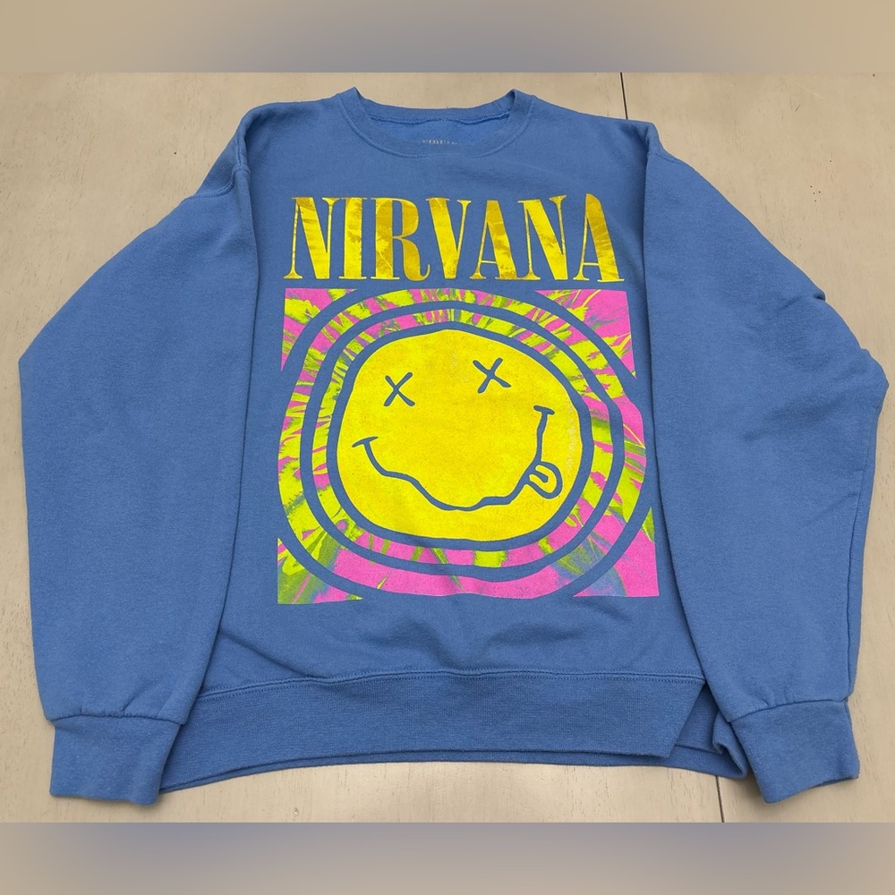 NIRVANA Blue Sweatshirt with Yellow and Pink Graphic